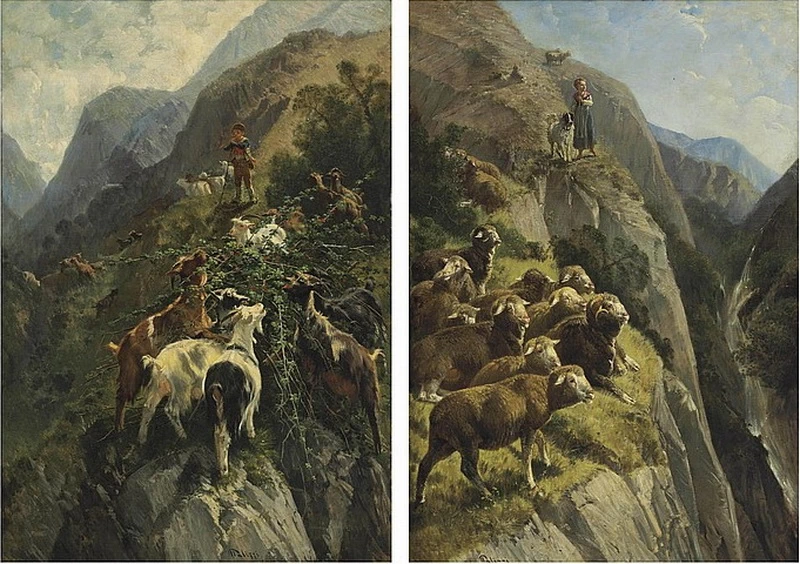 Una pastorella con il suo gregge in montagna; e Un pastore con le sue capre in montagna